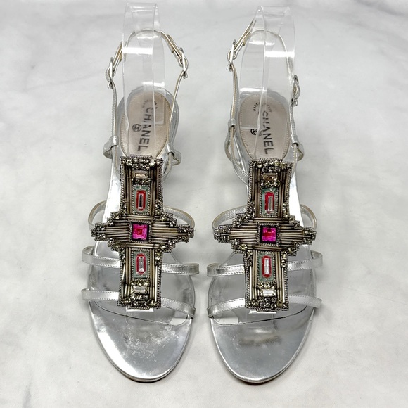 CHANEL Vintage CC Coco Mark Rhinestone Low Mid Leather Sandal Heels Silver 37.5 - Picture 3 of 15